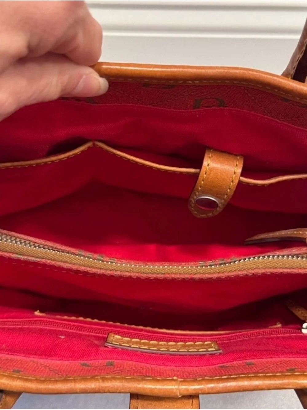 Dooney & Bourke Red Satchel with Brown Leather Trim